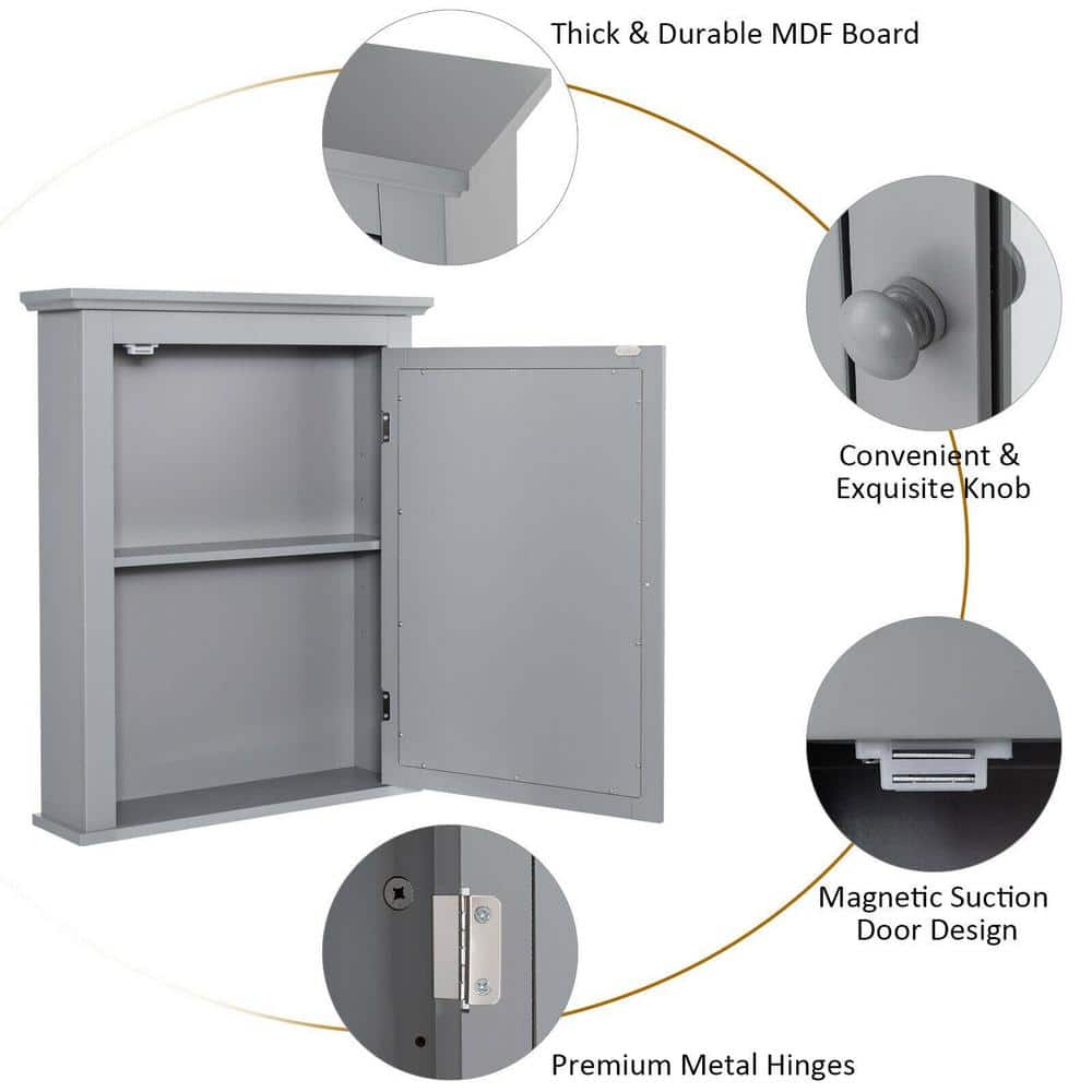WELLFOR 22 in. W x 27 in. H Rectangular Gray MDF Surface Mount Medicine Cabinet with Mirror