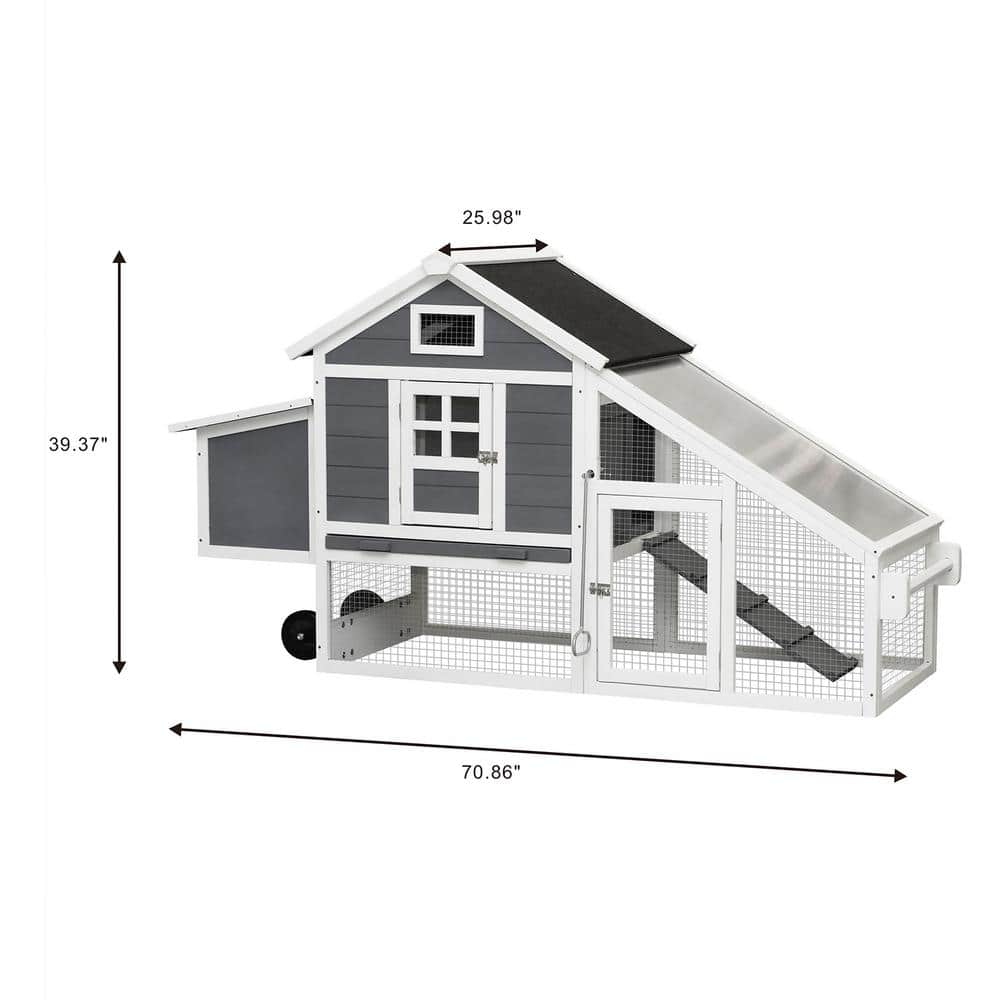 70.86 in. L x 25.98 in. W x 39.37 in. H Removable Wooden Outdoor Chicken Coop Rabbit House Poultry Cage Wheels in Gray