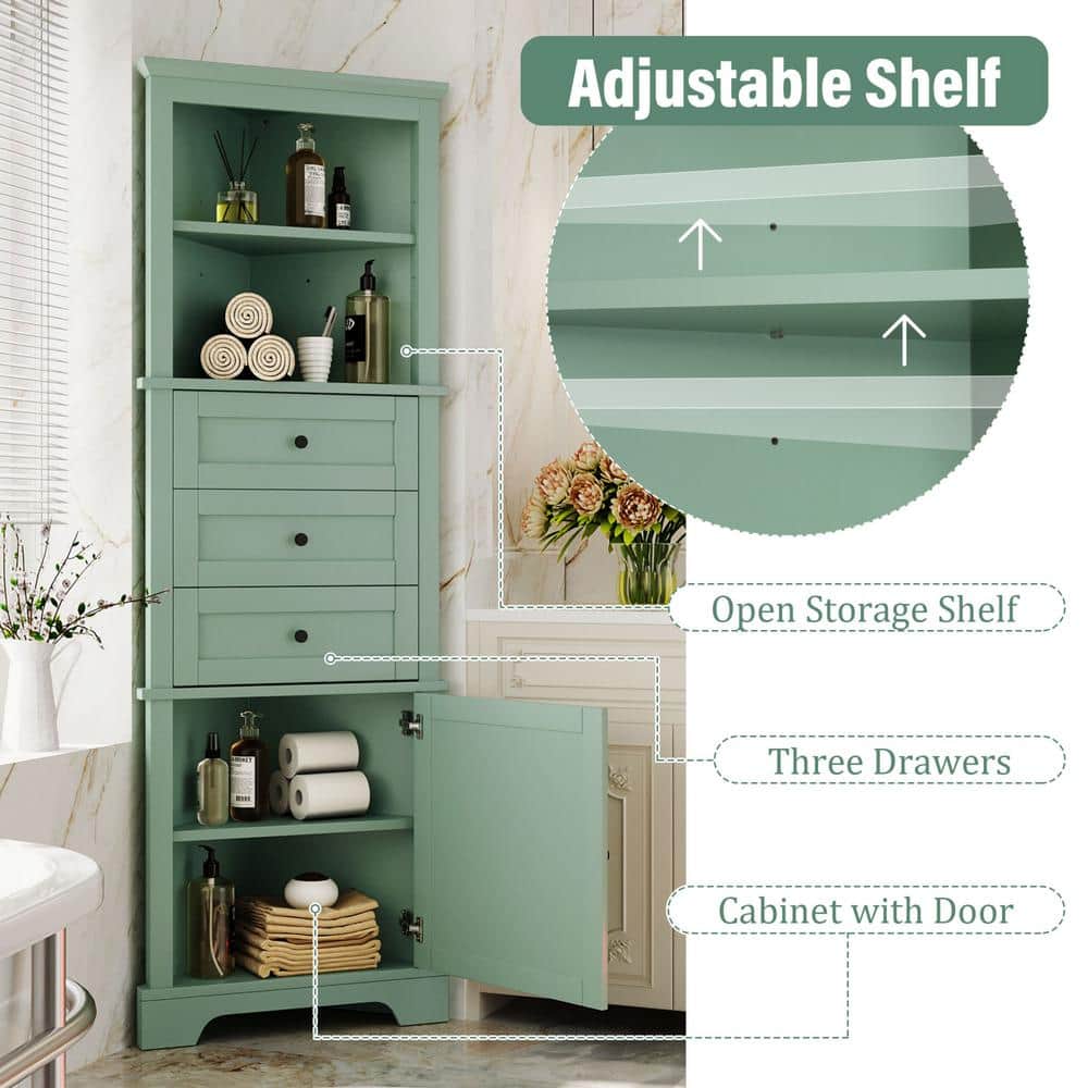 Aoibox 23 in. W x 13.4 in. D x 68.9 in. H in Green MDF Board Ready to Assemble Triangle Corner cabinet with Drawers and Shelves