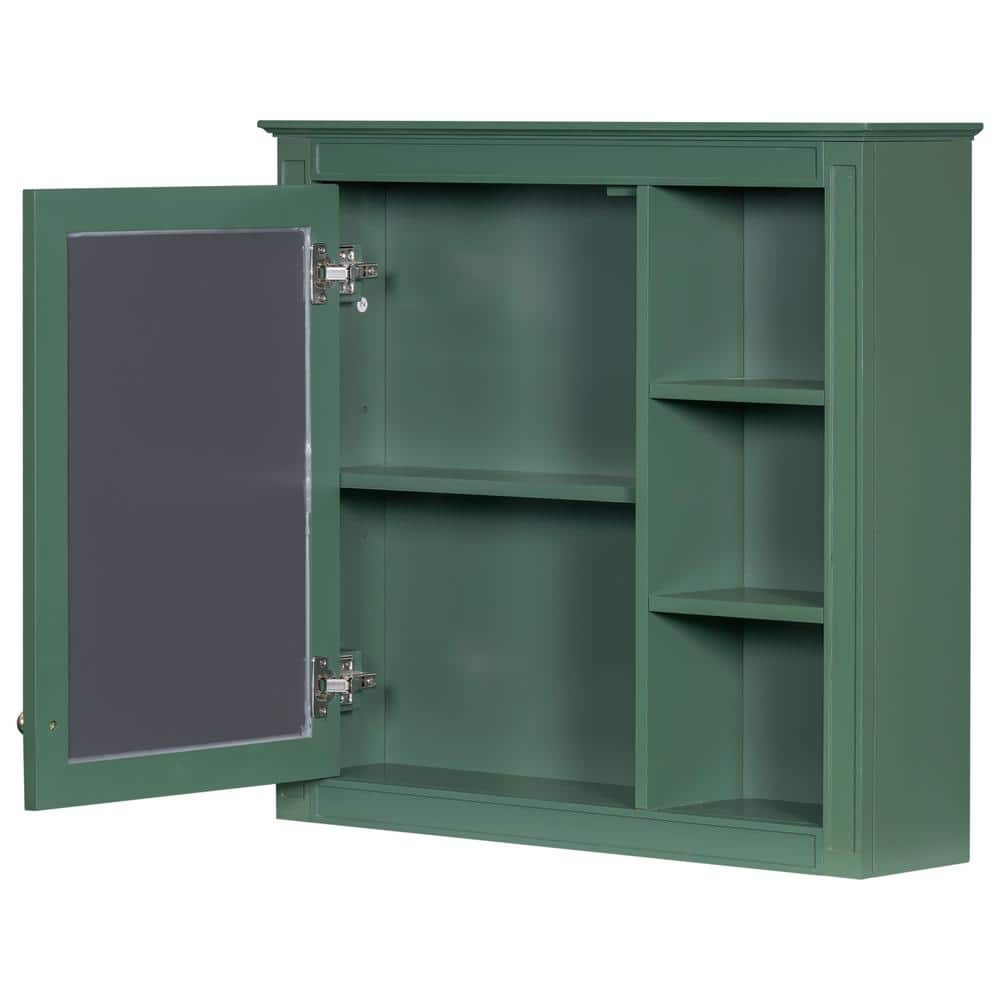 FUNKOL 29.92 x 7.32 x 28 In. Green Wall Mounted Modern Bathroom Storage Cabinet with Door Mirror and 3-Open Storage Dividers
