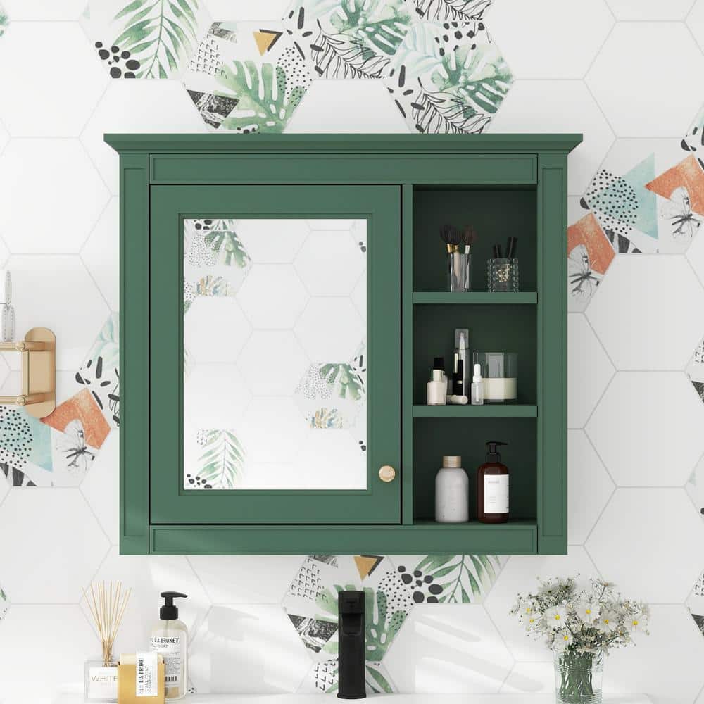 FUNKOL 29.92 x 7.32 x 28 In. Green Wall Mounted Modern Bathroom Storage Cabinet with Door Mirror and 3-Open Storage Dividers