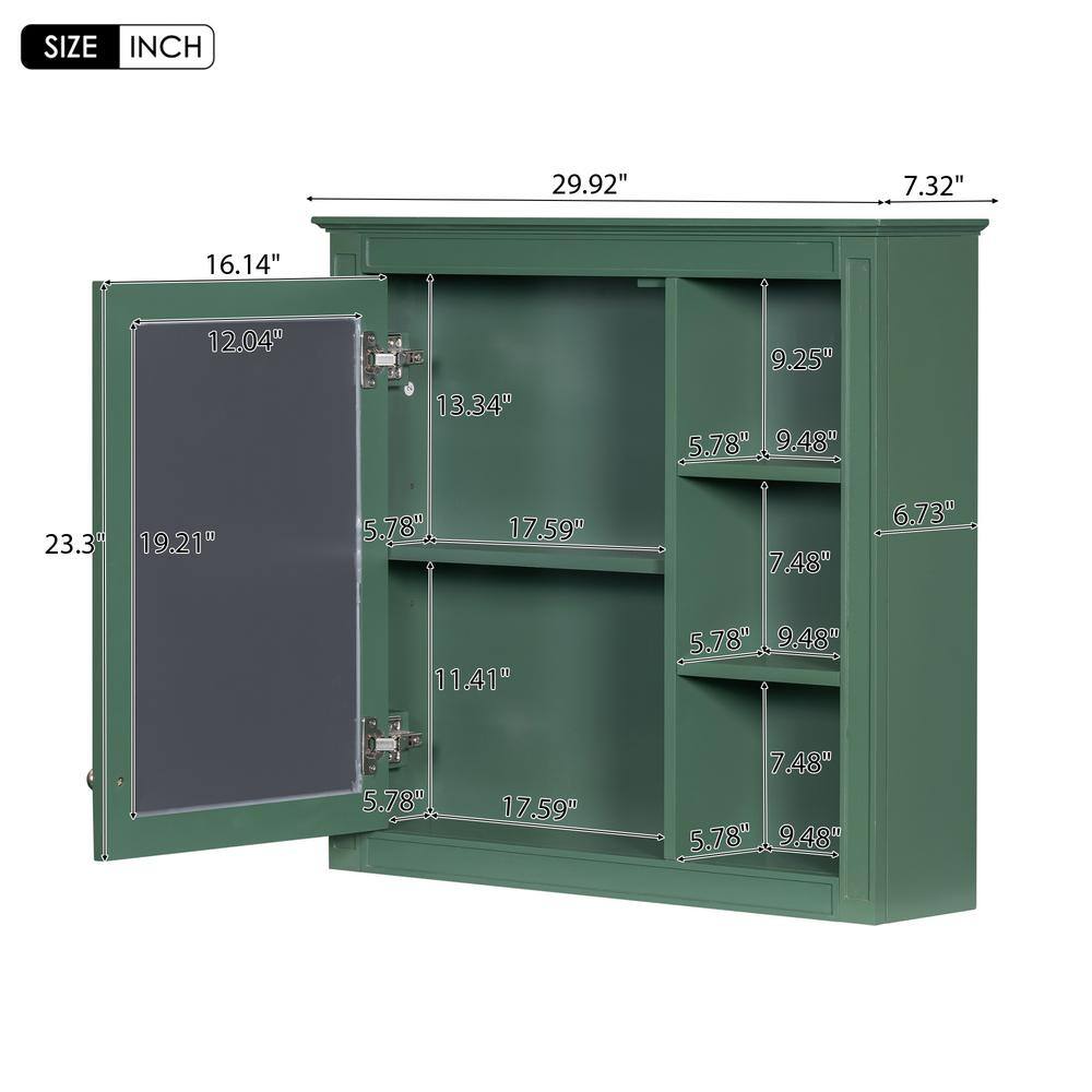 FUNKOL 29.92 x 7.32 x 28 In. Green Wall Mounted Modern Bathroom Storage Cabinet with Door Mirror and 3-Open Storage Dividers