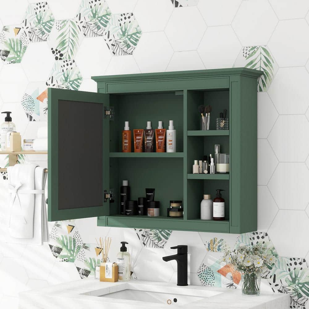 FUNKOL 29.92 x 7.32 x 28 In. Green Wall Mounted Modern Bathroom Storage Cabinet with Door Mirror and 3-Open Storage Dividers