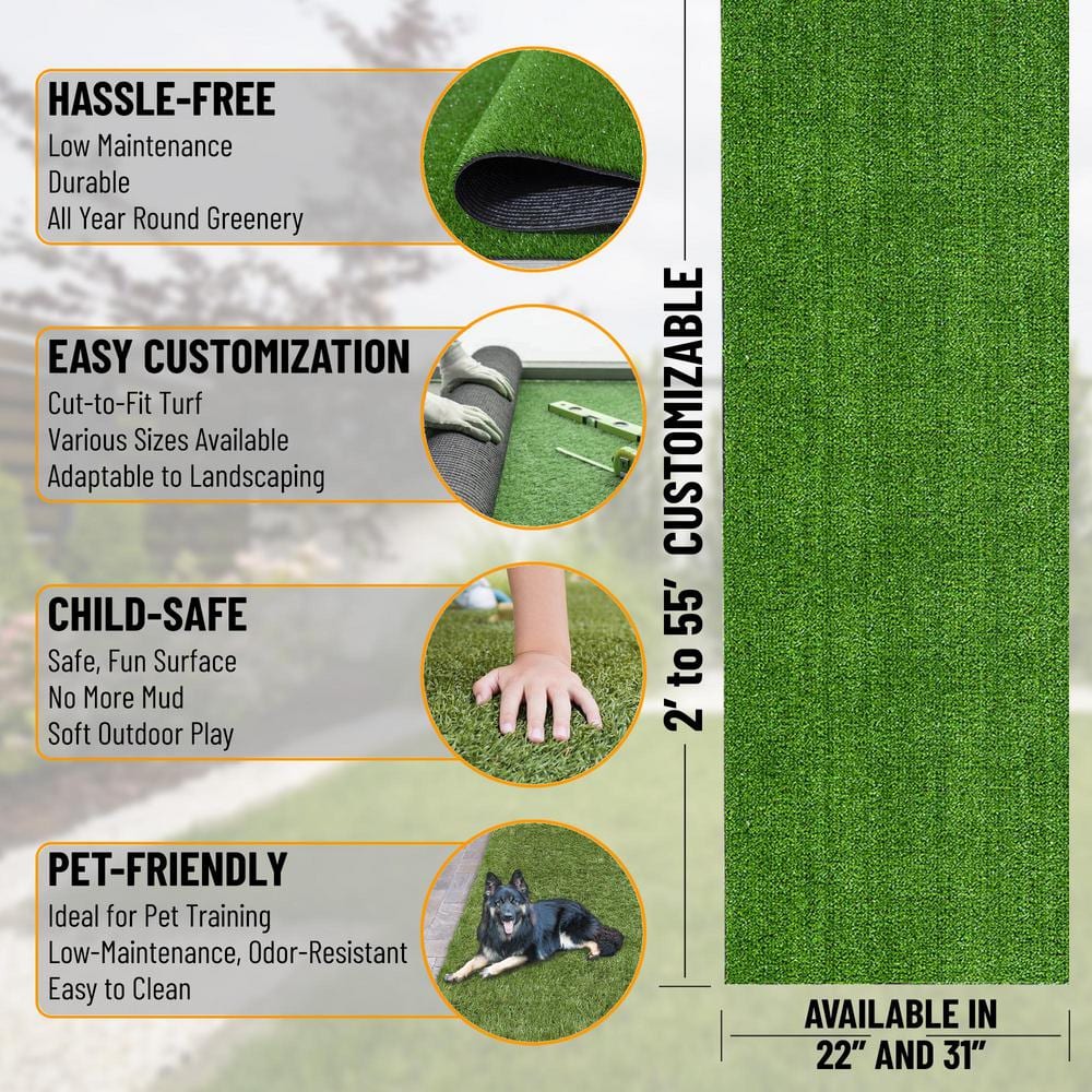 Ottomanson Evergreen Collection Waterproof Solid Grass Design 2x29 Indoor/Outdoor 2 ft. x 29 ft. ., Green, Artificial Grass
