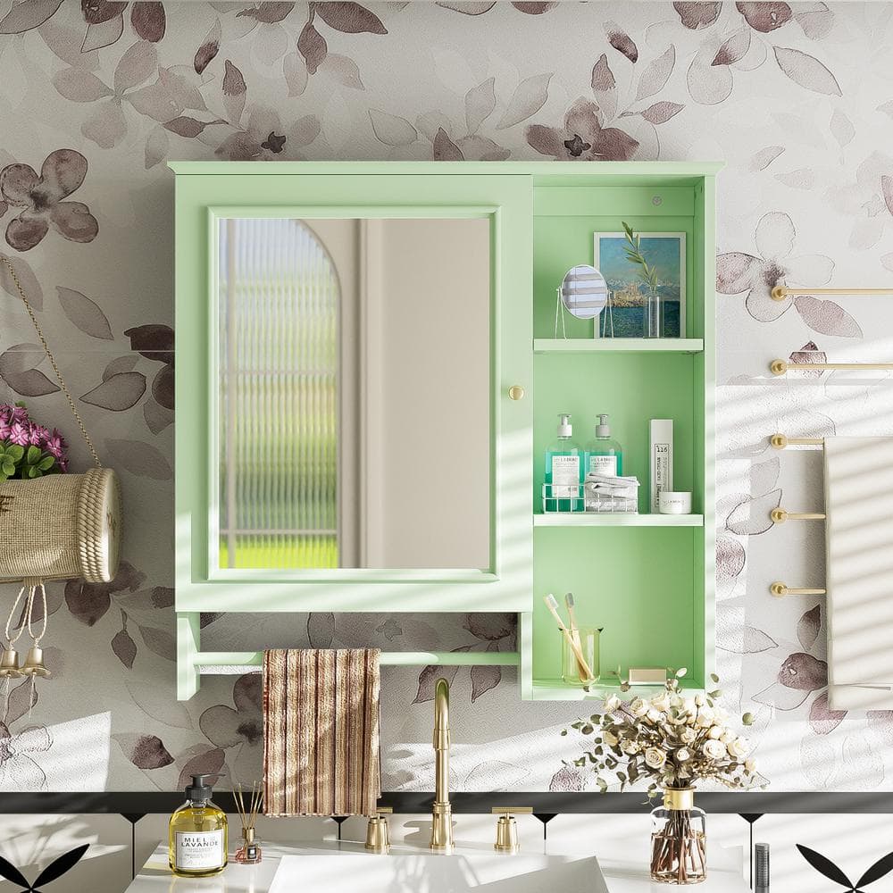Tileon 28.85 in. W x 28 in. H Rectangular Wood Medicine Cabinet with Mirror Storage Cabinet in Green