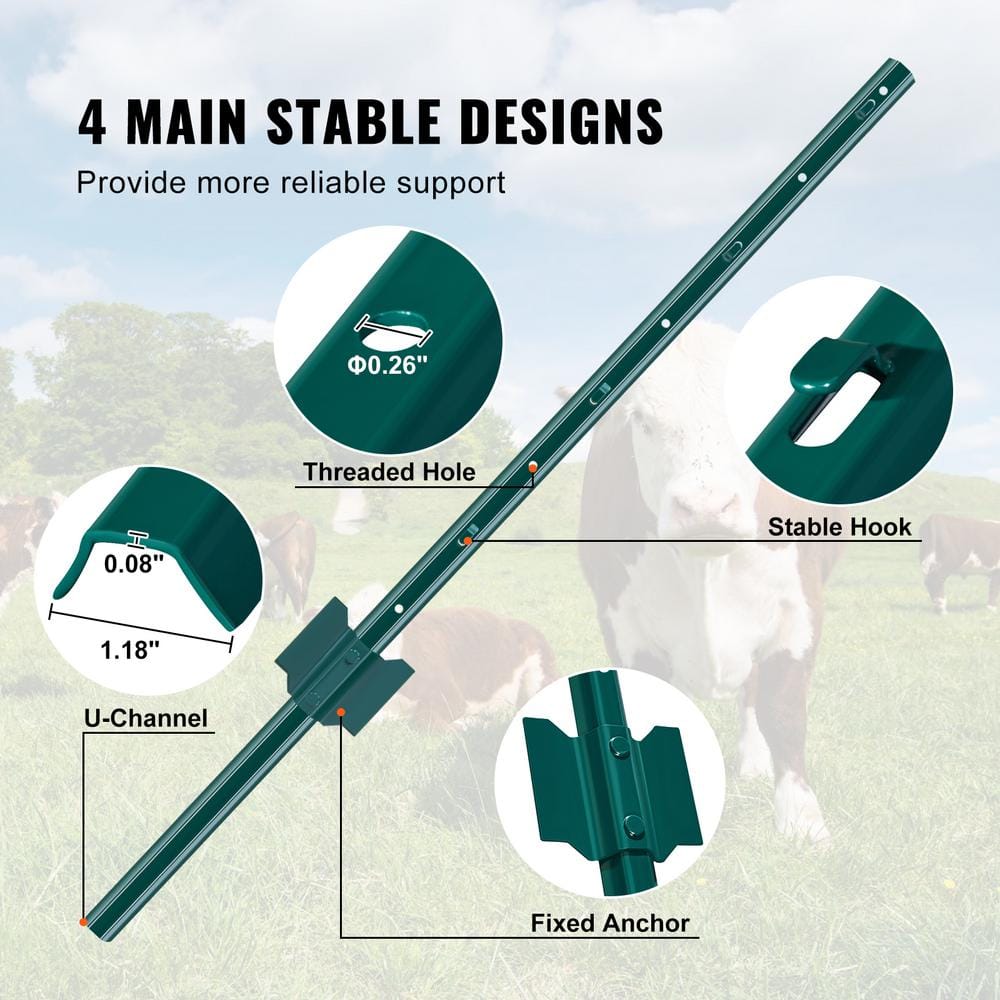 VEVOR 3 ft. Fence Post, T-Post Heavy-Duty Metal Fence Posts, Sturdy Steel Fence Stakes for Garden Yard, Lawn, Green (10-Pack)
