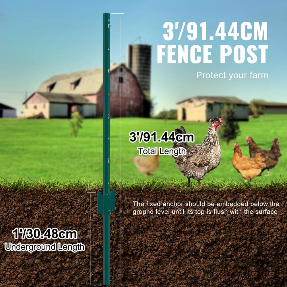 VEVOR 3 ft. Fence Post, T-Post Heavy-Duty Metal Fence Posts, Sturdy Steel Fence Stakes for Garden Yard, Lawn, Green (10-Pack)