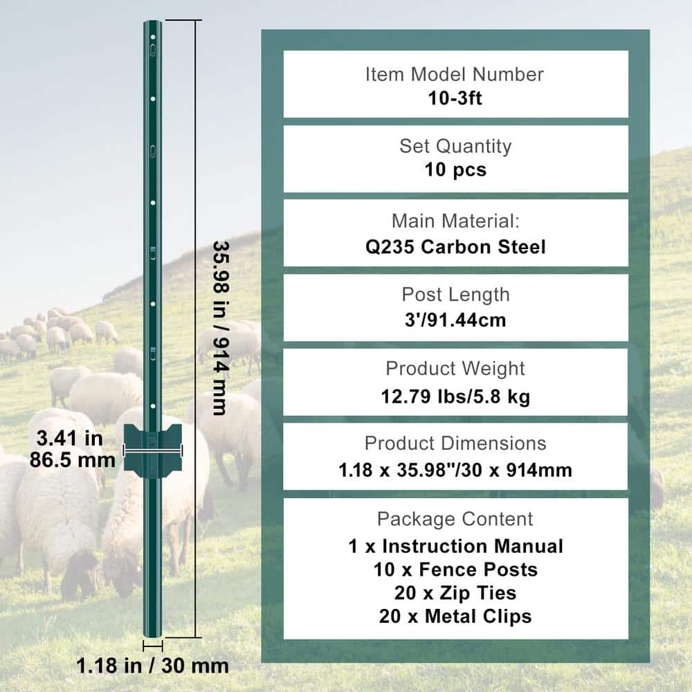VEVOR 3 ft. Fence Post, T-Post Heavy-Duty Metal Fence Posts, Sturdy Steel Fence Stakes for Garden Yard, Lawn, Green (10-Pack)