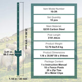 VEVOR 3 ft. Fence Post, T-Post Heavy-Duty Metal Fence Posts, Sturdy Steel Fence Stakes for Garden Yard, Lawn, Green (10-Pack)