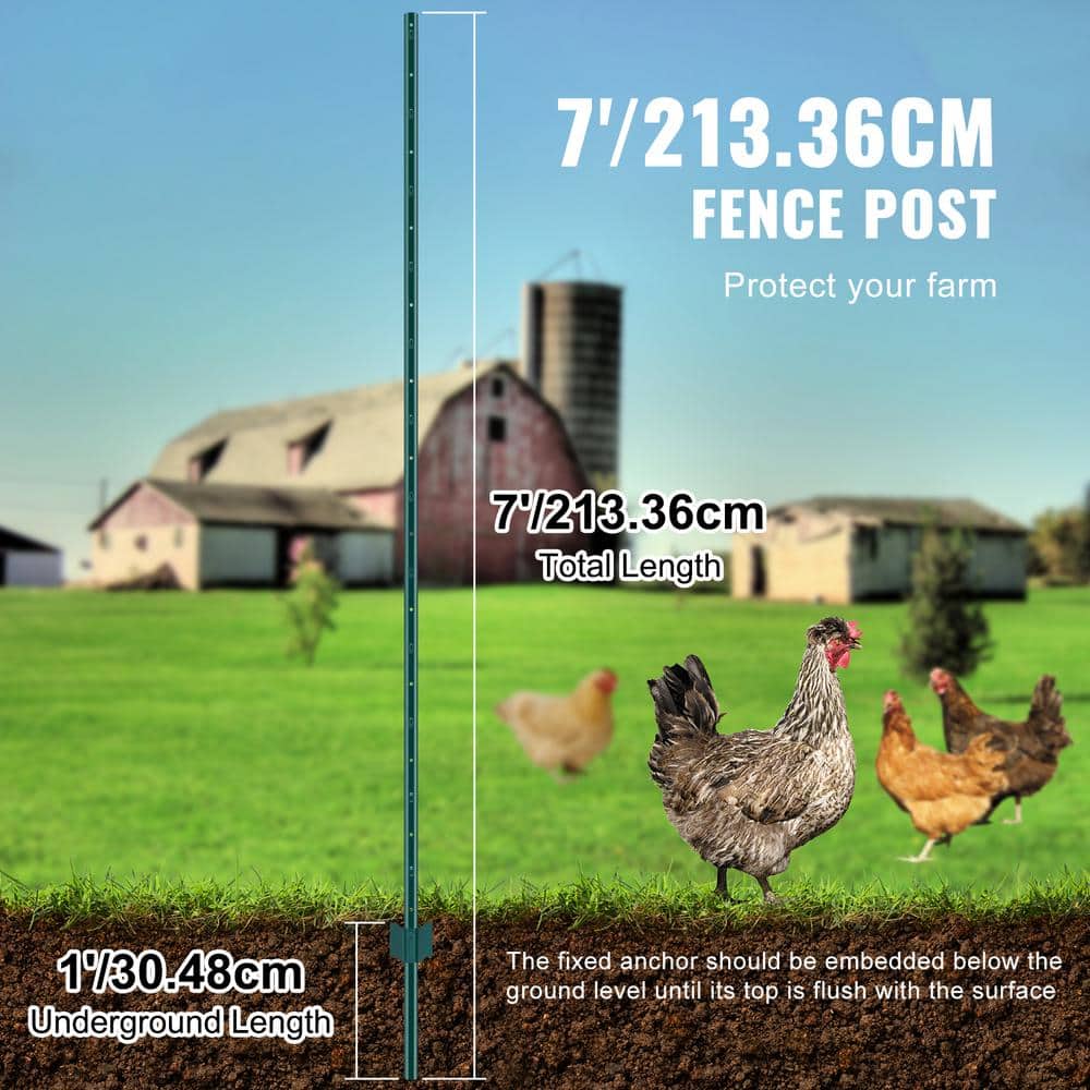 VEVOR 7 ft. Fence Post, T-Post Heavy-Duty Metal Fence Posts, Sturdy Steel Fence Stakes for Garden Yard, Lawn, Green (10-Pack)