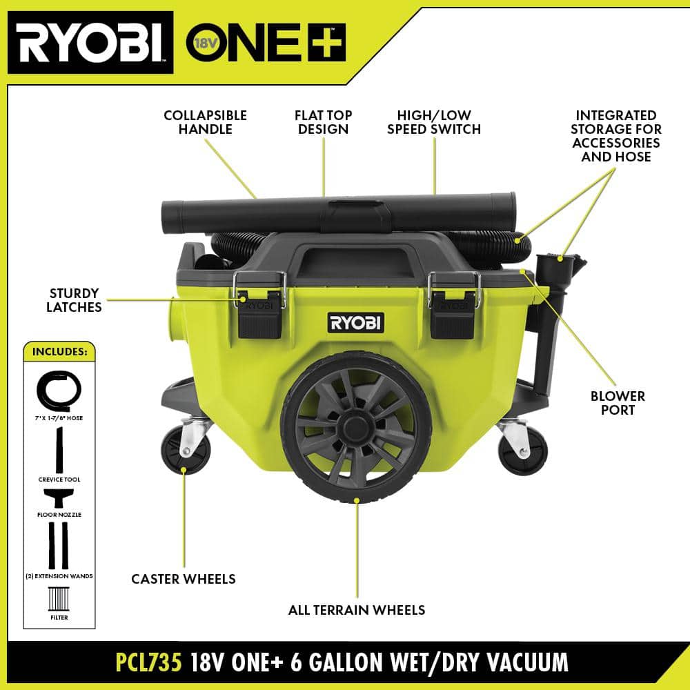 RYOBI ONE+ 18V Cordless 6 Gal. Wet Dry Vacuum Kit with 4.0 Ah Battery, Charger, and7 ft. x 1-7/8 in. Replacement Hose