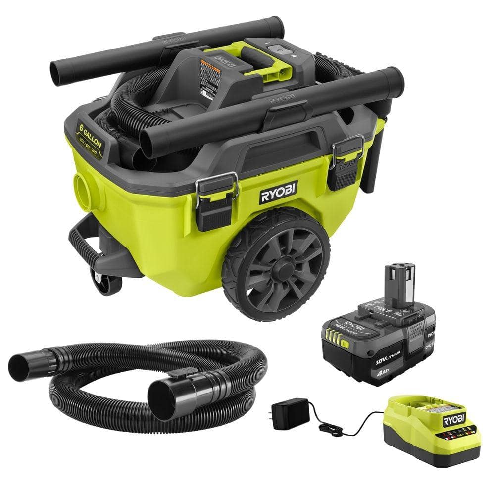 RYOBI ONE+ 18V Cordless 6 Gal. Wet Dry Vacuum Kit with 4.0 Ah Battery, Charger, and7 ft. x 1-7/8 in. Replacement Hose