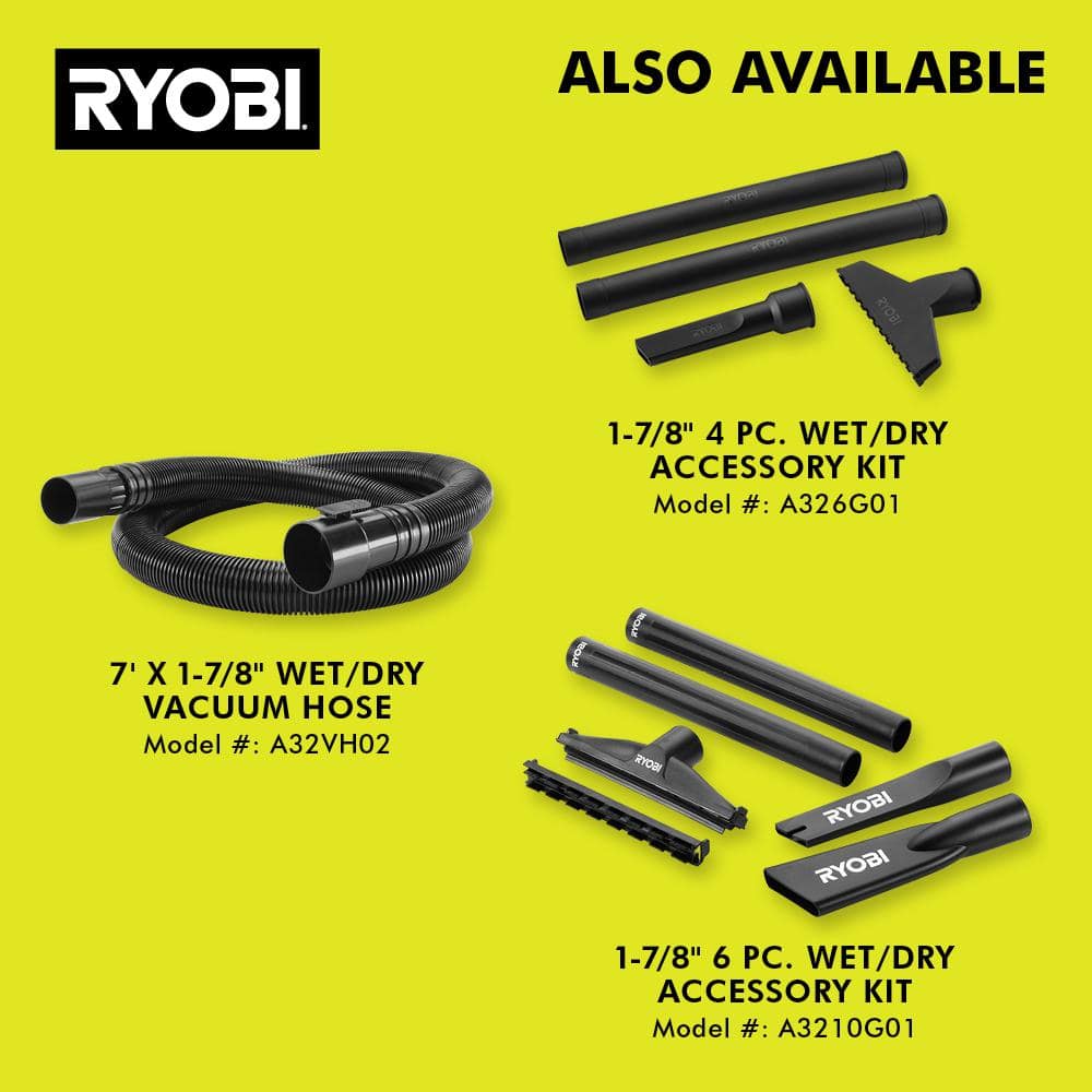 RYOBI ONE+ 18V Cordless 6 Gal. Wet Dry Vacuum Kit with 4.0 Ah Battery, Charger, and7 ft. x 1-7/8 in. Replacement Hose