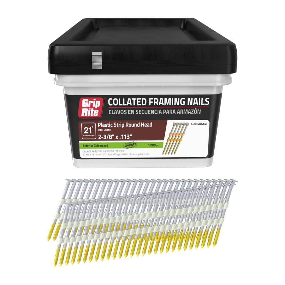 Grip-Rite 2-3/8 in. x 0.113 in. 21° Plastic Collated Exterior Galvanized Ring Shank Round Head Framing Nails (1000-Pack)