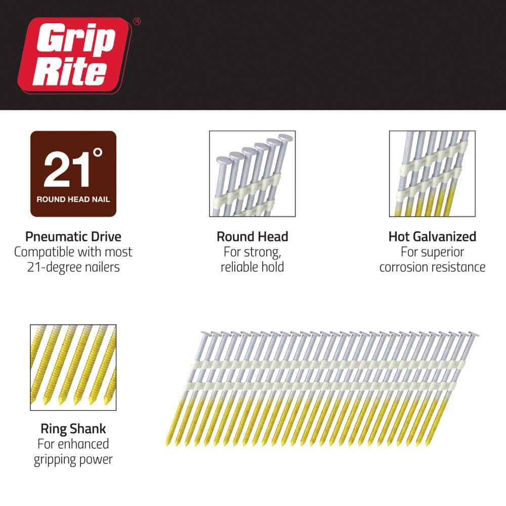 Grip-Rite 2-3/8 in. x 0.113 in. 21° Plastic Collated Exterior Galvanized Ring Shank Round Head Framing Nails (1000-Pack)