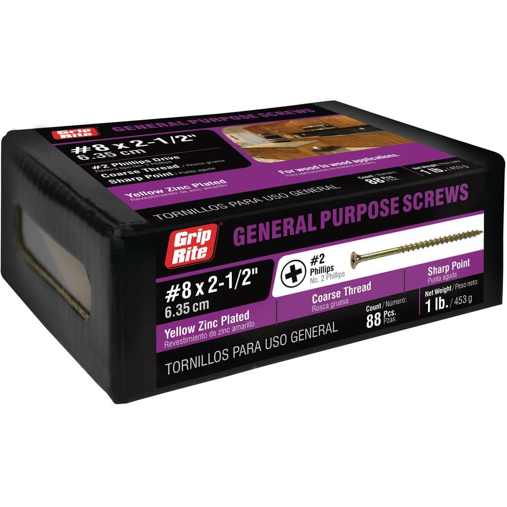 Grip-Rite #8 x 2-1/2 in. Phillips Bugle Head Coarse Thread Wood/Construction Screws, Yellow Zinc, 1 lb. Box (Approx. 88 Count)