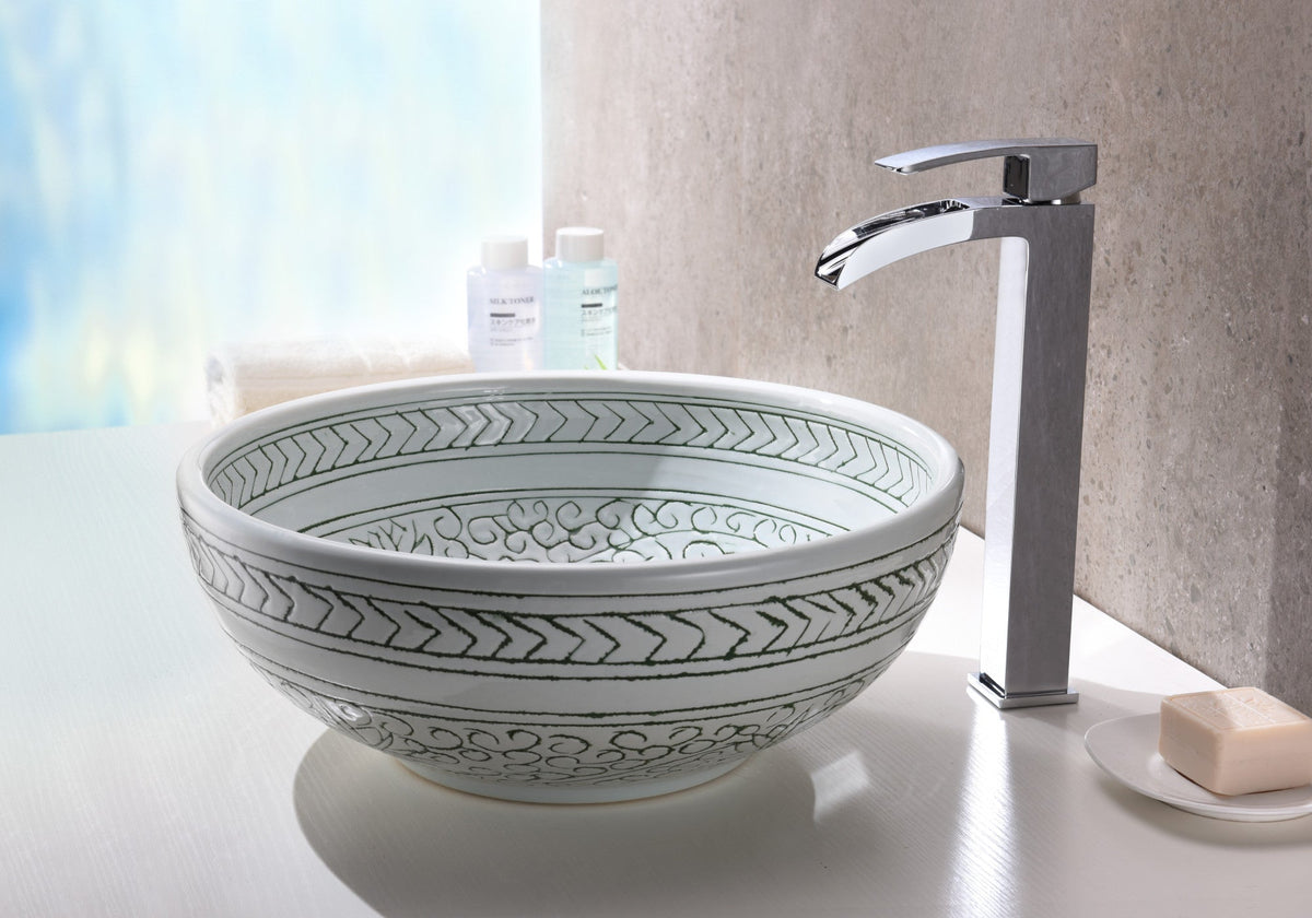 ANZZI Cadence Series 16.1 in. Round Bathroom Vessel Sink, Décor White, Tempered Deco-Glass