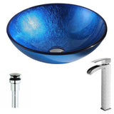 ANZZI Clavier Series Deco-Glass Vessel Sink in Lustrous Blue with Key Faucet, Brushed Nickel