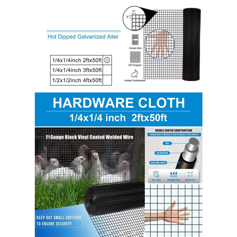 1/4 in. x 2 ft. x 50 ft. 21-Gauge Black Hardware Cloth Welded Cage Wire Chicken Fence Poultry Netting