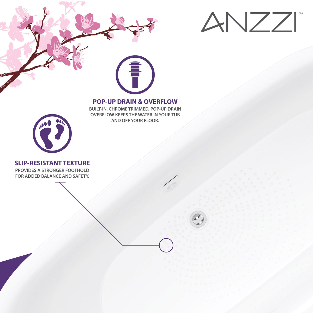 ANZZI Ami 67 in. Acrylic Flatbottom Freestanding Bathtub, Glossy White, Center Drain