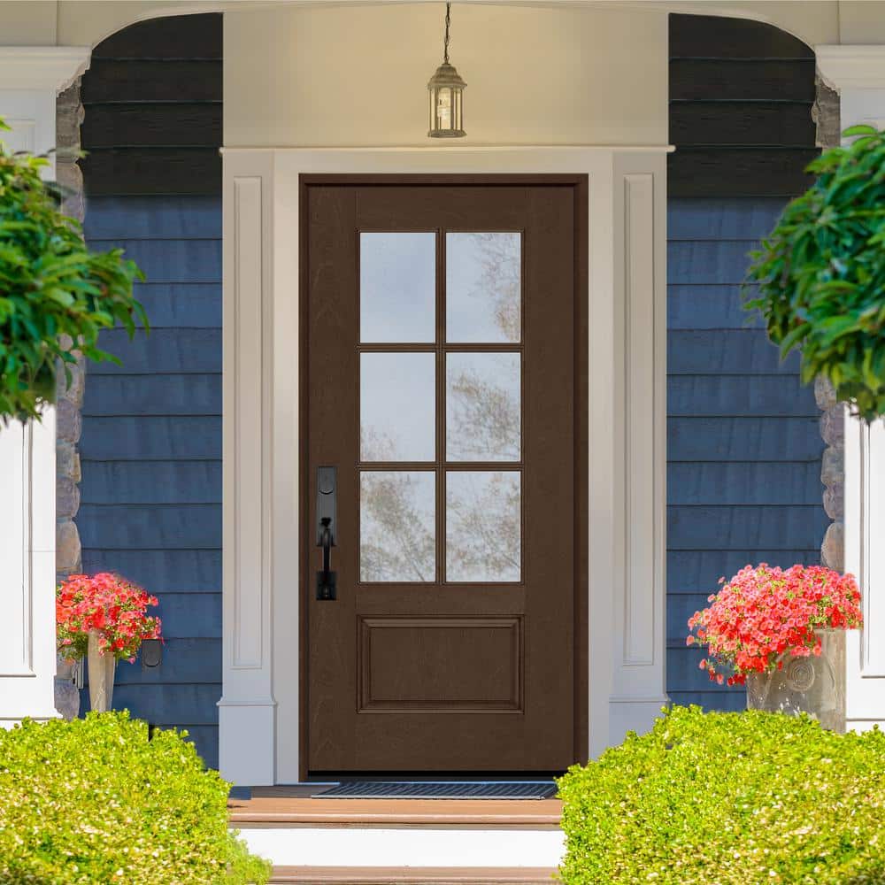 Steves & Sons Regency 36 in. x 80 in. 3/4-6 Lite Clear Glass RHIS Hickory Stain Mahogany Fiberglass Prehung Front Door