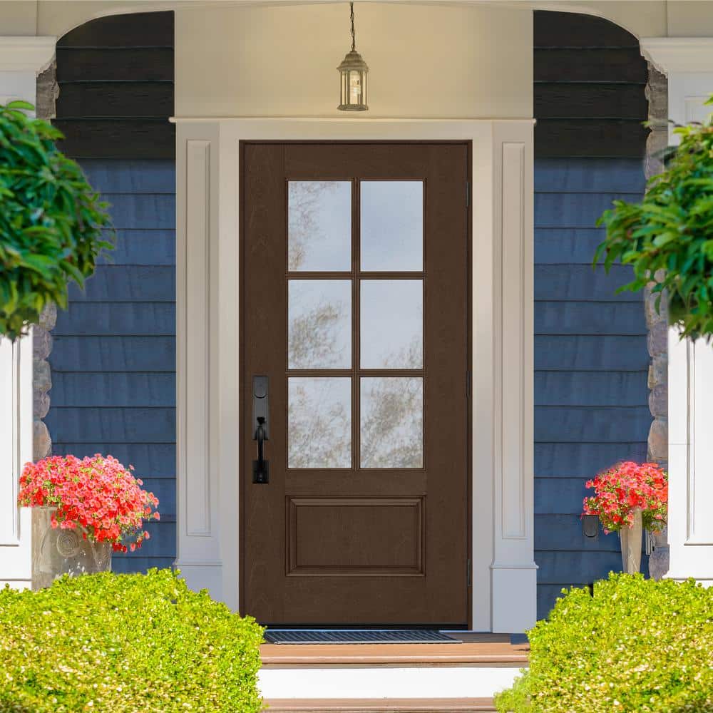 Steves & Sons Regency 36 in. x 80 in. 3/4-6 Lite Clear Glass LHOS Hickory Stain Mahogany Fiberglass Prehung Front Door