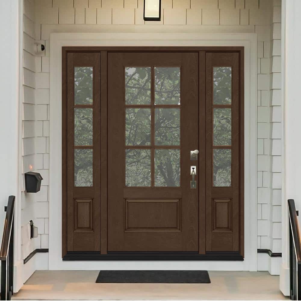 Steves & Sons Regency 64 in. x 80 in. 3/4-6 Lite Clear Glass Left-Hand Hickory Stain Mahogany-Grain Fiberglass Prehung Front Door with Double 12 in. Sidelites