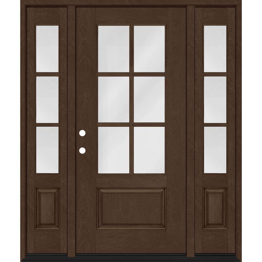 Steves & Sons Regency 64 in. x 80 in. 3/4-6 Lite Clear Glass RH Hickory Stain Mahogany Fiberglass Prehung Front Door with Double 12 in. Sidelites