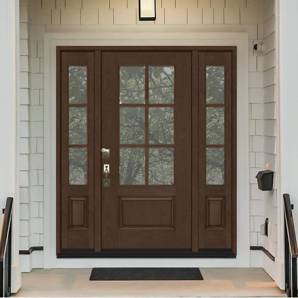 Steves & Sons Regency 64 in. x 80 in. 3/4-6 Lite Clear Glass RH Hickory Stain Mahogany Fiberglass Prehung Front Door with Double 12 in. Sidelites