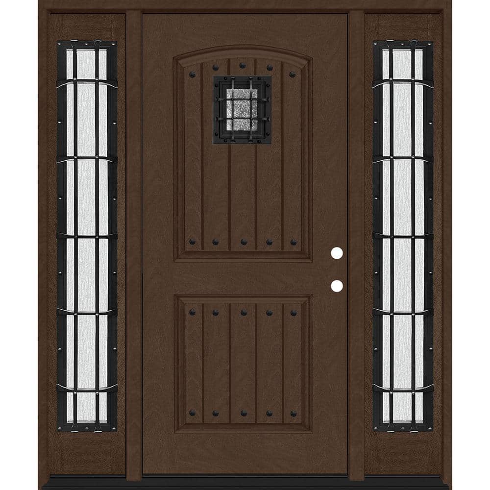 Steves & Sons Regency 68 in. x 80 in. 2-Panel Plank Cavalier Speakeasy Left-Hand Inswing Hickory Fiberglass Prehung Front Door with Double 14 in. Sidelites