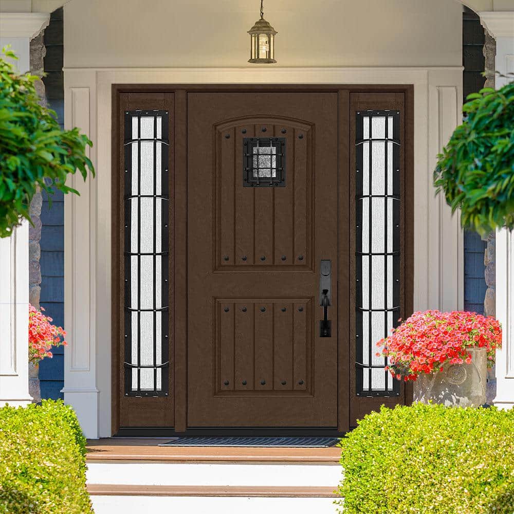 Steves & Sons Regency 68 in. x 80 in. 2-Panel Plank Cavalier Speakeasy Left-Hand Inswing Hickory Fiberglass Prehung Front Door with Double 14 in. Sidelites