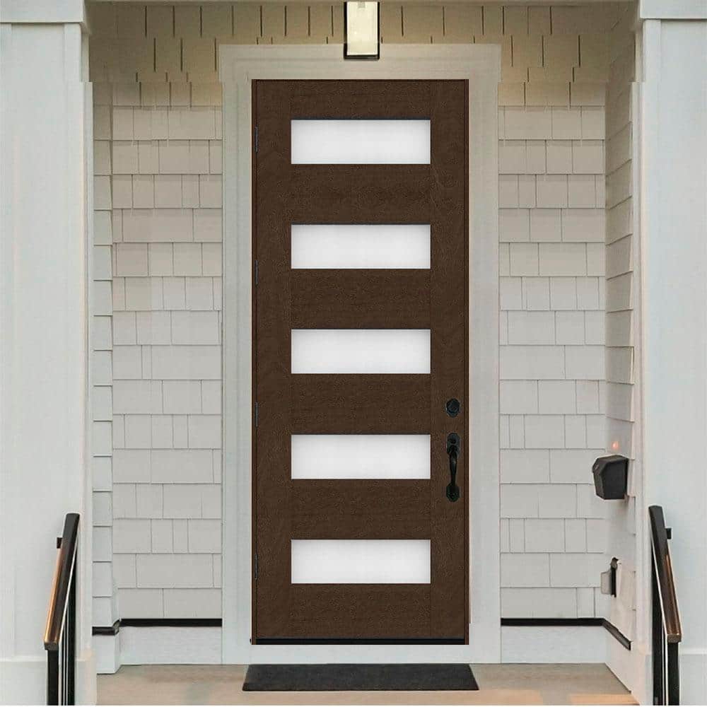 Steves & Sons Regency 36 in. x 96 in. 5L Modern Opaque Glass RHOS Hickory-Stained Fiberglass Prehung Front Door