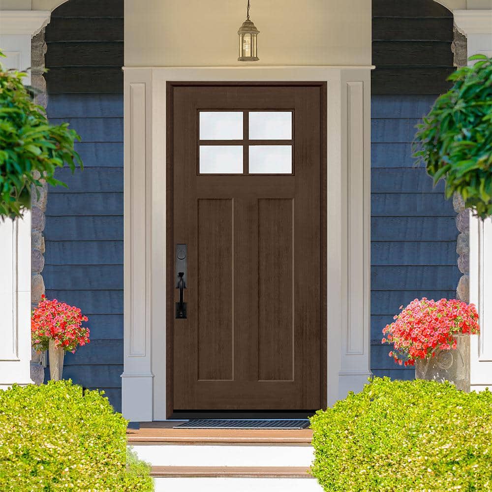 Steves & Sons Regency 36 in. x 80 in. Right-Hand Inswing 4-Lite 1/4 Toplite Clear Glass Hickory Stain Fir Grain Fiberglass Prehung Front Door