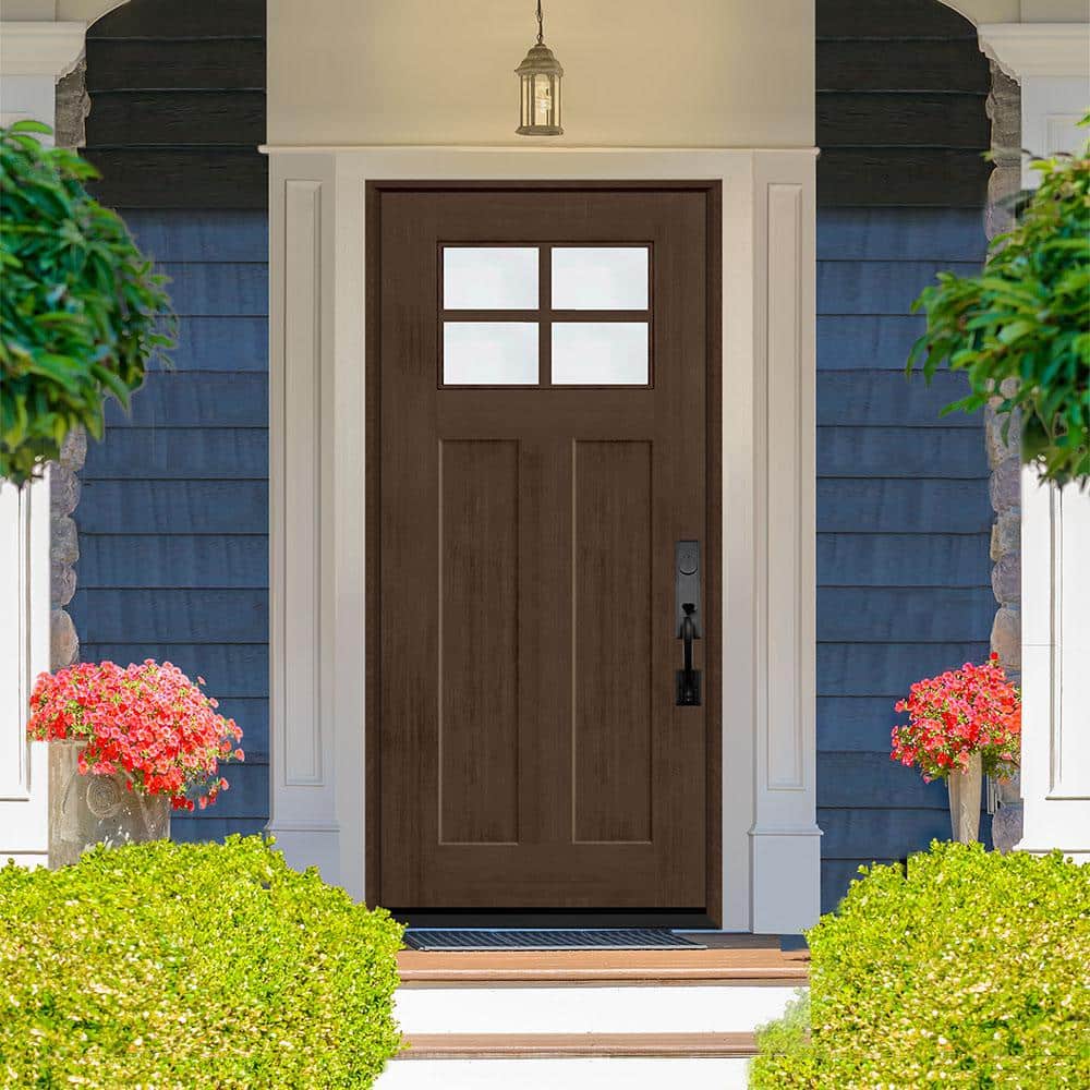 Steves & Sons Regency 36 in. x 80 in. RHOS 4Lite 1/4 Toplite Clear Glass Hickory Stain Fir Grain Fiberglass Prehung Front Door
