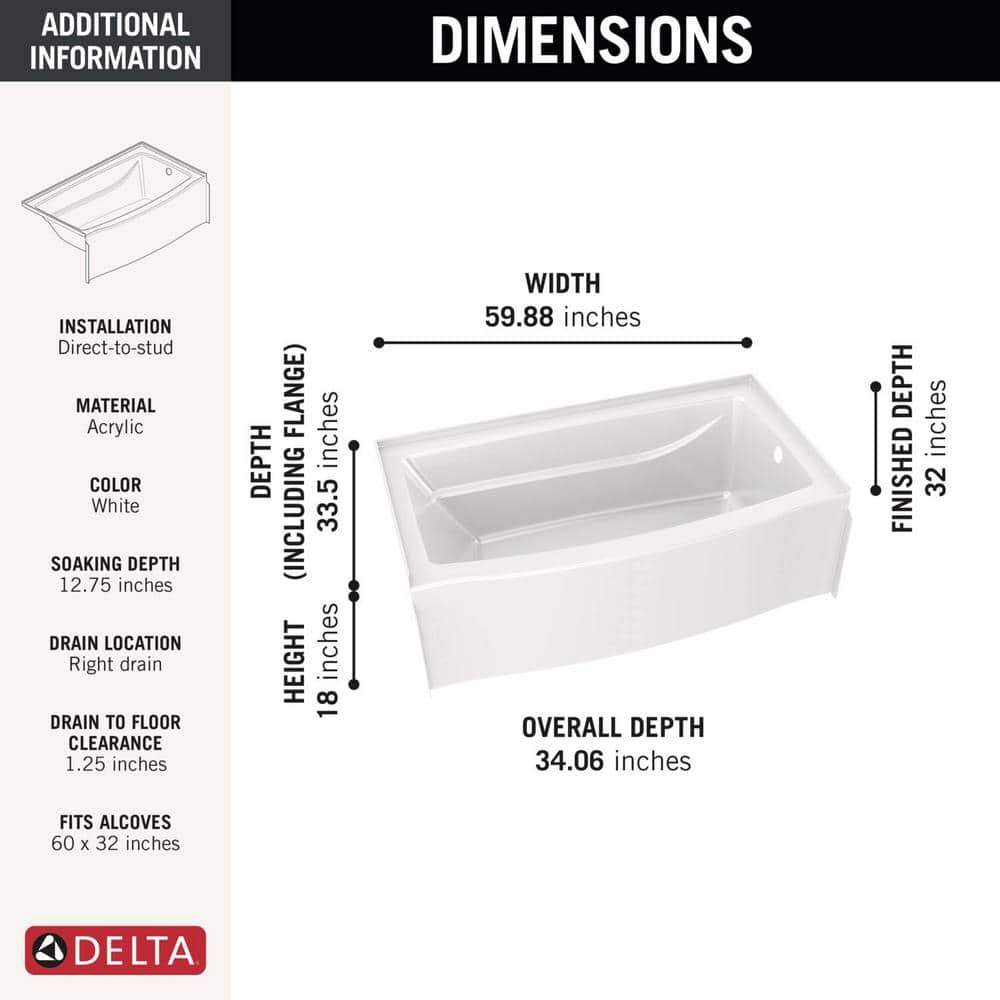 Delta Classic 500 Curve 60 in. x 32 in. Soaking Bathtub with Right Drain in High Gloss White