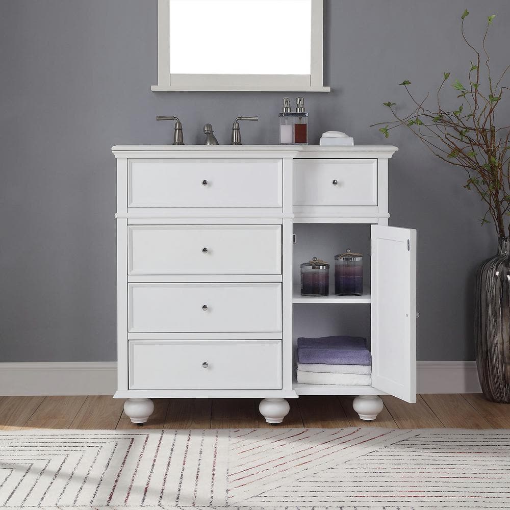Eviva Hampton 36 in. W x 22 in. D x 34 in. H Bathroom Vanity in White with White Carrara Marble Top and Undermount Sink