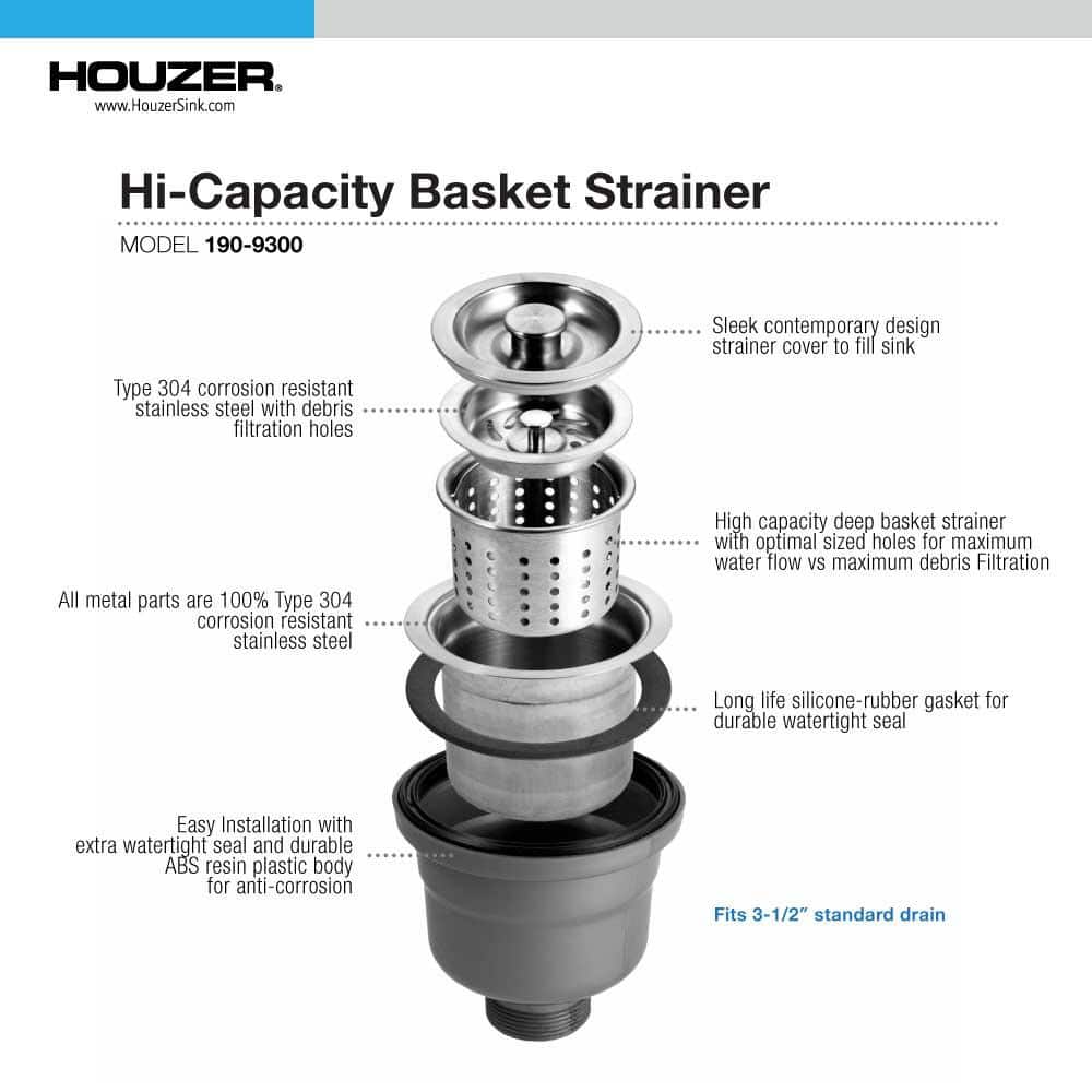 HOUZER Hi-Capacity Deep Basket Strainer 190-9300 for Utility Sinks