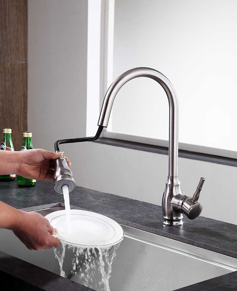 ANZZI Bell Brushed Nickel Single-Handle Deck-Mount Pull-Out Sprayer Kitchen Faucet, 1.8 GPM