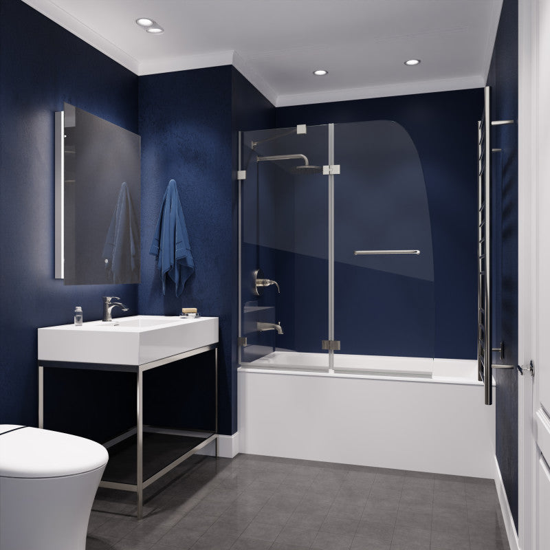 ANZZI HERALD Series 48 in. W x 58 in. H Frameless Hinged Tub Door, Brushed Nickel, with Towel Bar & Handle