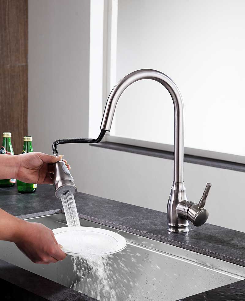 ANZZI Bell Brushed Nickel Single-Handle Deck-Mount Pull-Out Sprayer Kitchen Faucet, 1.8 GPM