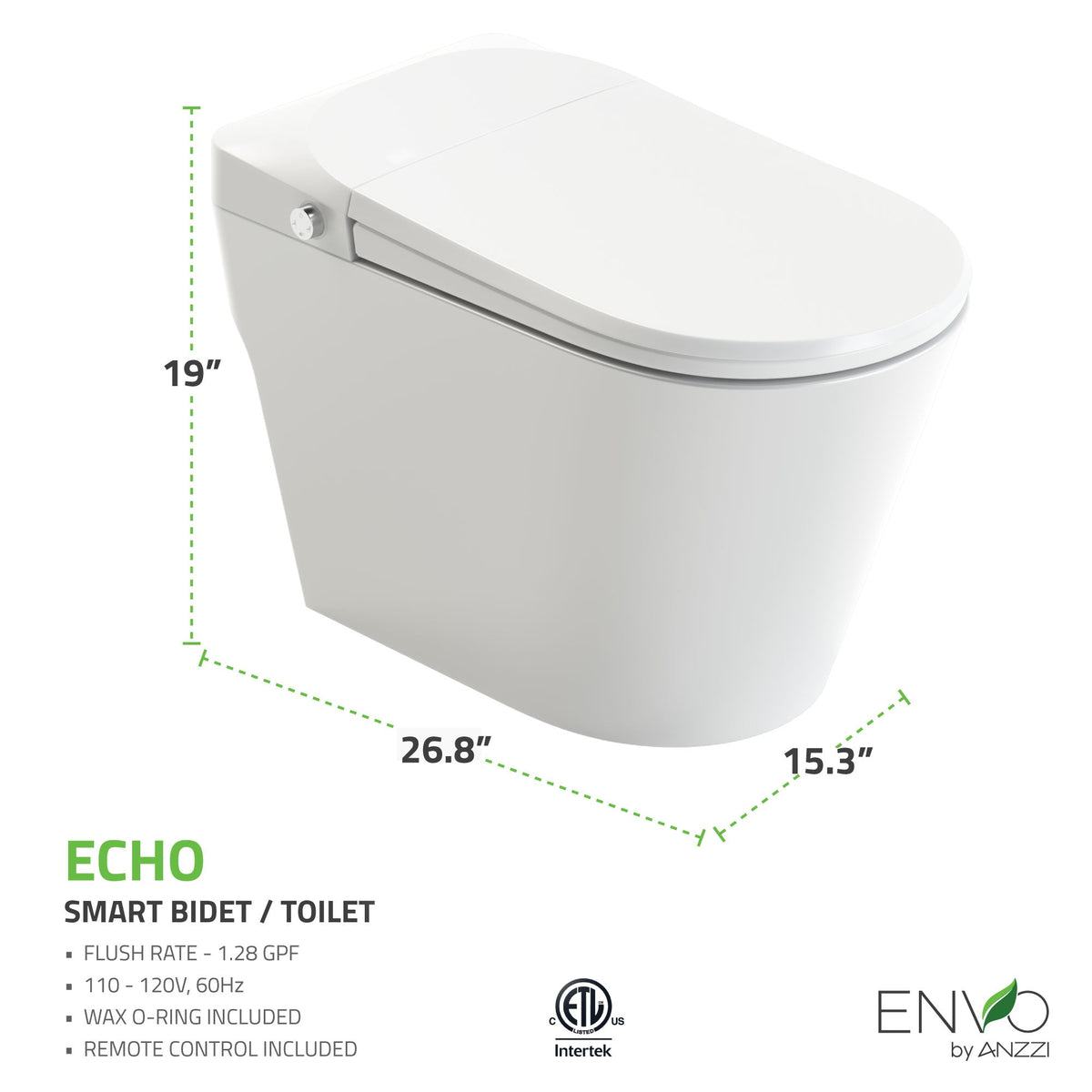 ENVO Echo Elongated Smart Toilet Bidet with Auto Open, Auto Close, Auto Flush, and Heated Seat in White