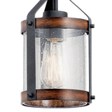 Kichler Barrington Distressed Black & Wood Rustic Seeded Glass Cylinder Mini Pendant Light, 10 in H x 5.5 in Dia