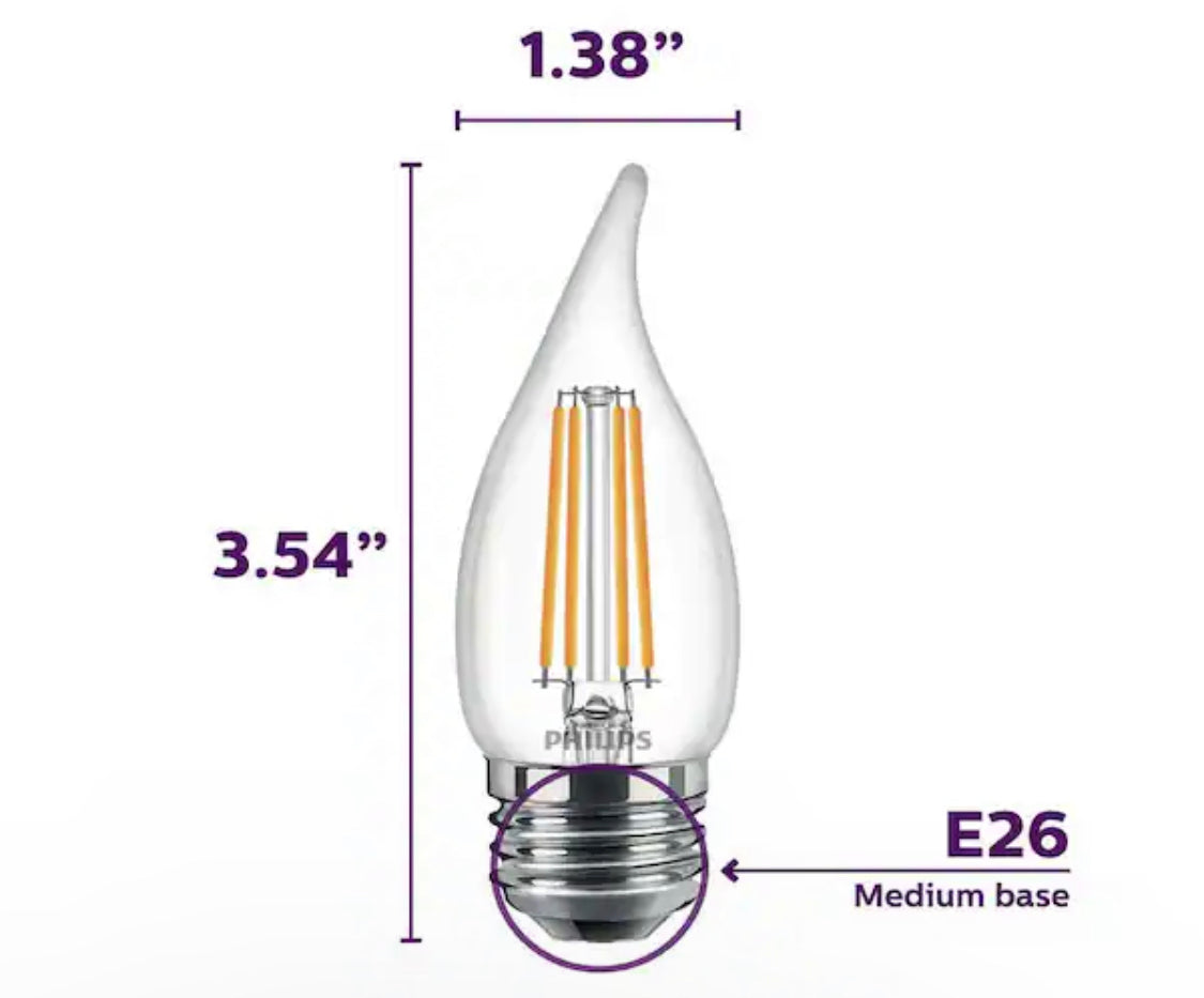 Philips 60-Watt Equivalent B11 Dimmable Edison Glass LED Candle Light Bulb, Bent Tip, Medium Base, Soft White 2700K (3-Pack)