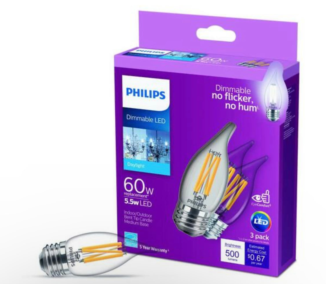 Philips 60-Watt Equivalent B11 Dimmable Edison LED Candle Light Bulb, Glass Bent Tip, Medium Base, Daylight 5000K, 6-Pack
