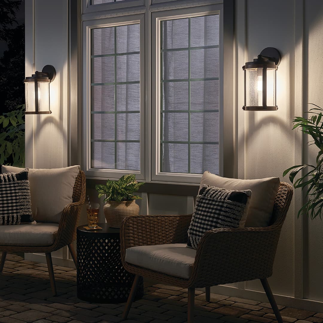 Kichler Barrington 16-in H Distressed Black and Wood Outdoor Wall Light, E26 Medium Base, Clear Seeded Glass