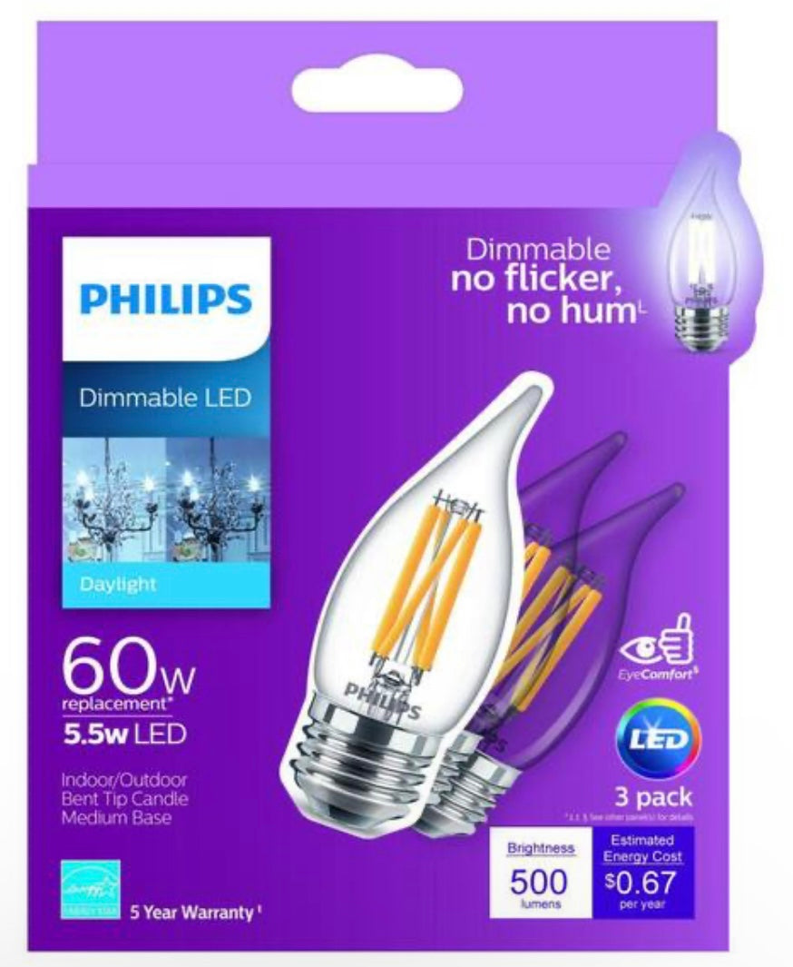 Philips 60-Watt Equivalent B11 Dimmable Edison LED Candle Bulb, Glass Bent Tip, E26 Medium Base, Daylight 5000K, 3-Pack