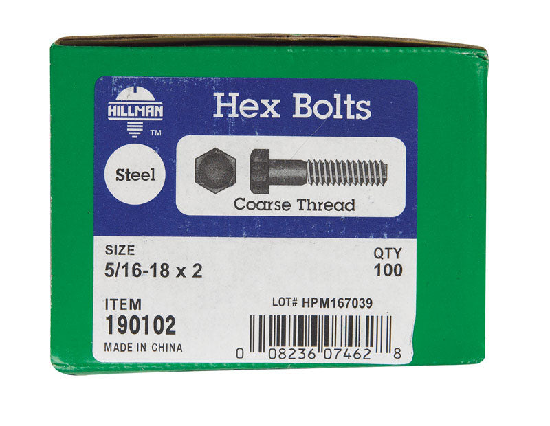 Hillman 5/16 in. x 2 in. Zinc-Plated Steel Hex Bolt, Coarse Thread, 100-Pack