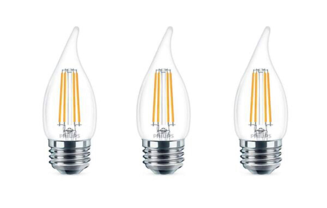 Philips 60-Watt Equivalent B11 Dimmable Edison Glass LED Candle Light Bulb, Bent Tip, Medium Base, Soft White 2700K (3-Pack)