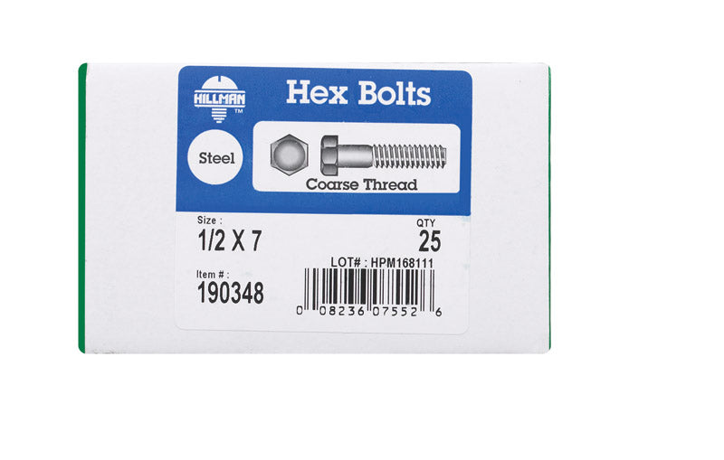 Hillman 1/2 in. Diameter x 7 in. Length Zinc-Plated Steel Hex Bolt, Coarse Thread, 25-Pack
