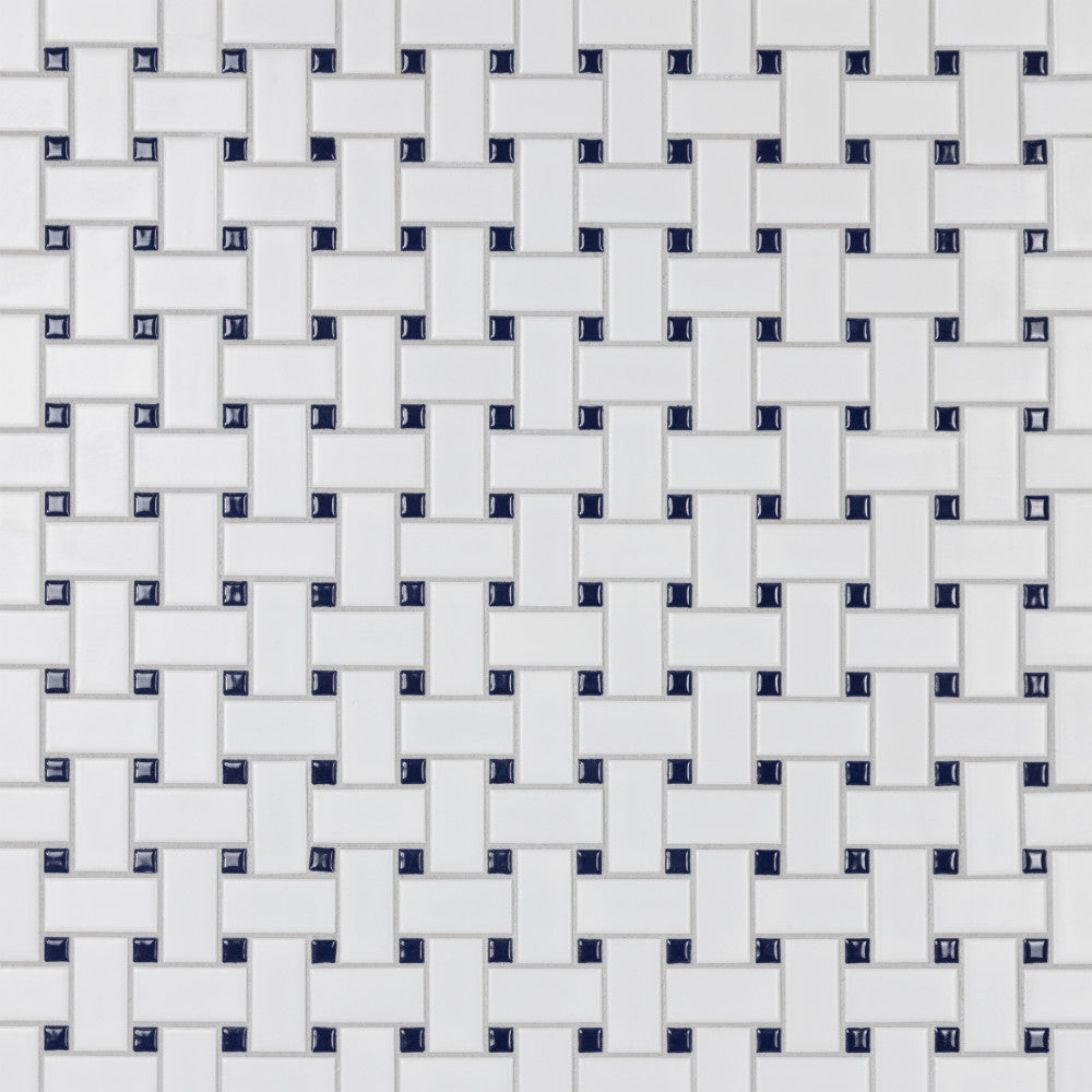 Merola Tile Metro Basketweave Matte White with Cobalt Dot 11-3/4 in. x 11-3/4 in. Porcelain Mosaic Tile (19.58 sq. ft./Case)
